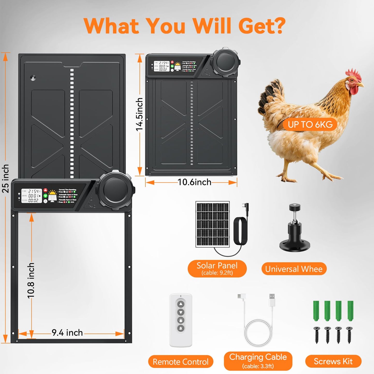 Large Automatic Chicken Coop Door Solar Powered, Automatic Chicken Door Opener with Timer Modes, Intelligent Obstacle Sensors, Solar Chicken Coop Door Chickens, Ducks, and Geese, 14.2" H x 10.83" L
