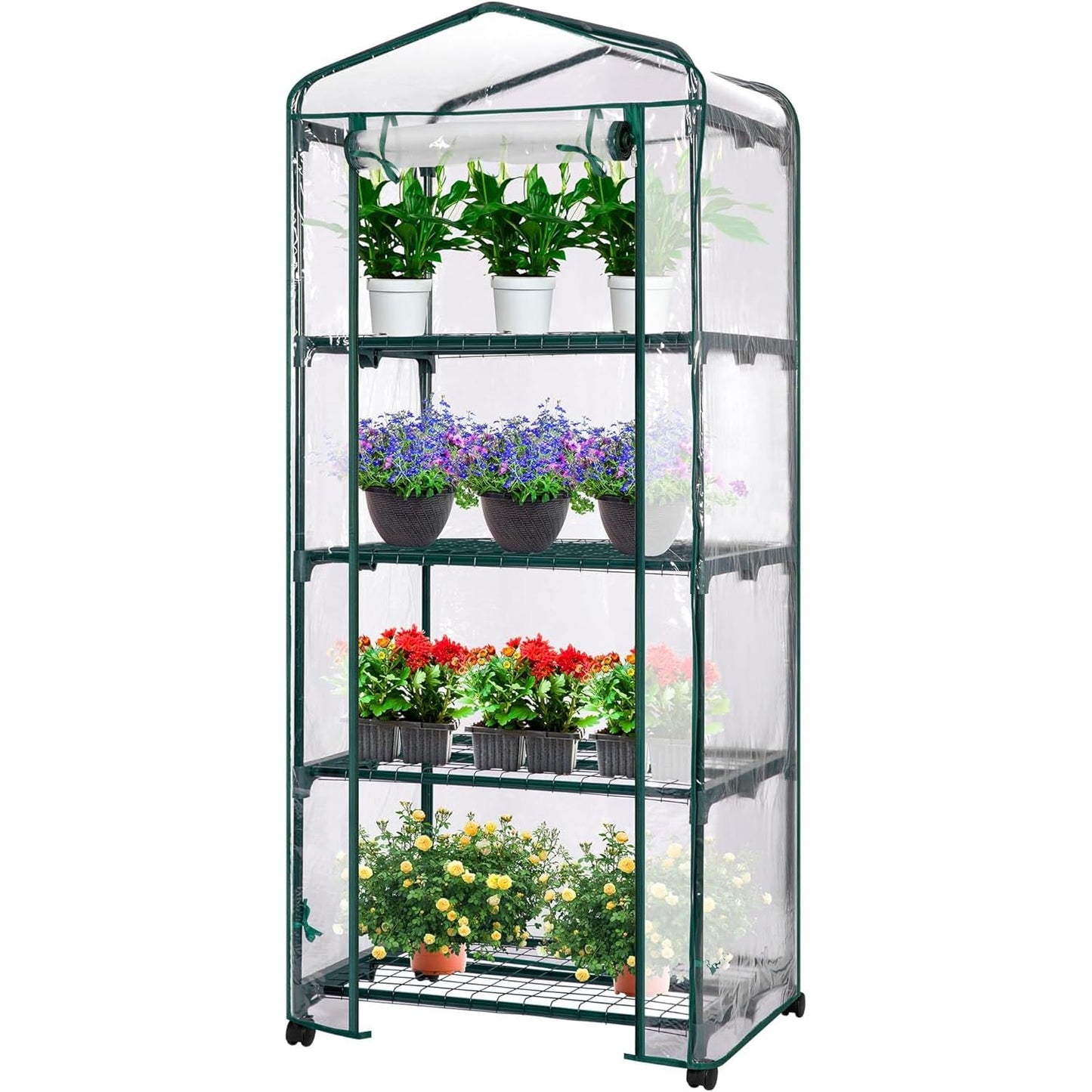 VIVOSUN Mini 4-Tier Greenhouse with Wheels, 27 x 19 x 63-Inch Reusable Portable Warm House with Clear PVC Cover and Shelf for Compact Garden and Small Backyards, with Wheels