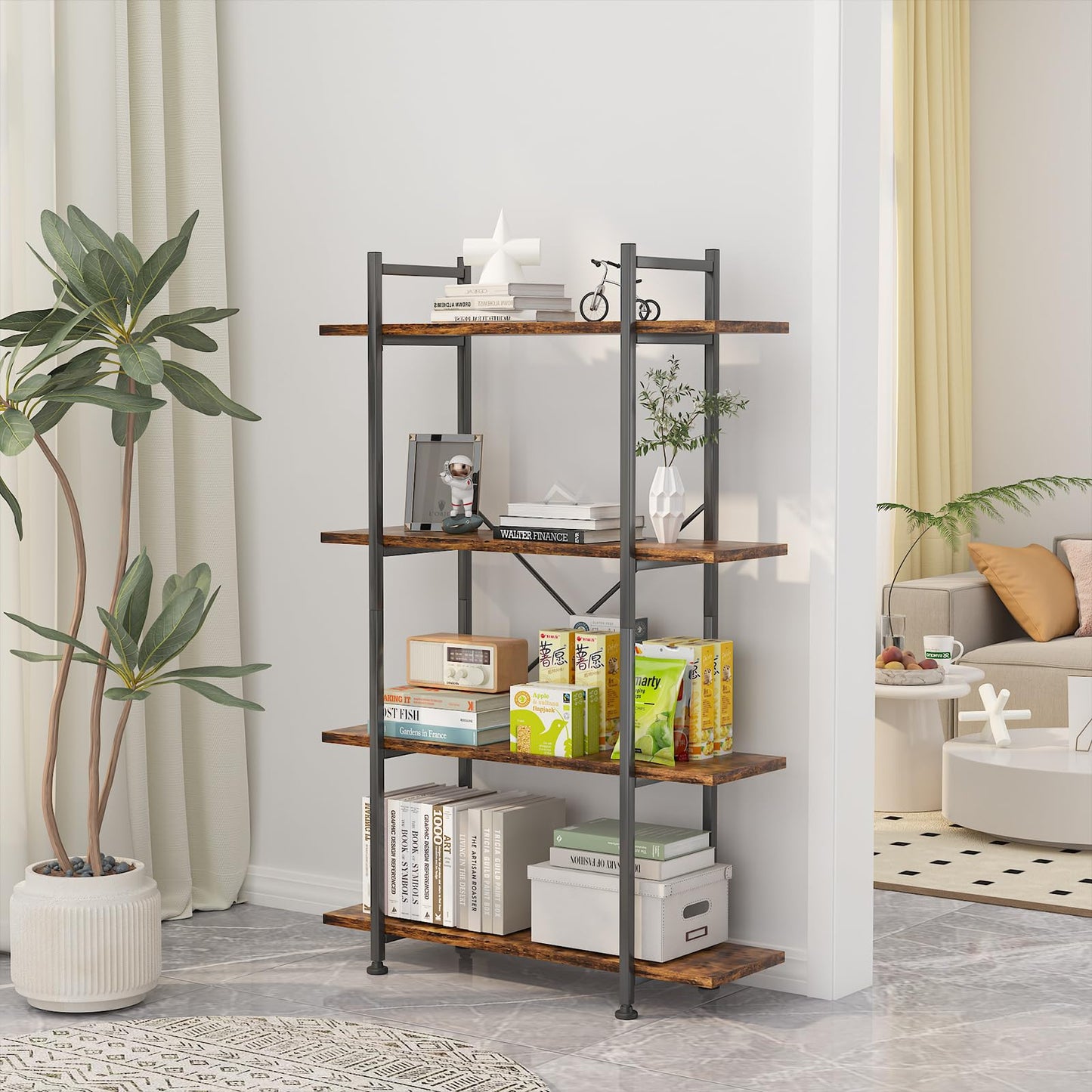 Azheruol 4 Tiers Bookshelf Rustic Brown Wooden Storage Shelf, Industrial Shelf Book Organizer,Modern Open Display Storage Bookcase,Metal Bookshelf Standing Tall Shelving Units for Home Office Study.