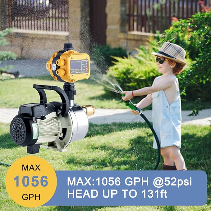 3/4 HP Shallow Well Pump with Smart Controller, 1056GPH, 110V, Stainless Steel Irrigation pump, Automatic Water Pressure Booster Pump for Home, Garden, Lawn, Sprinkler