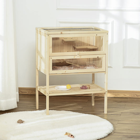 PawHut 3-Tier Wooden Hamster Cage Mice and Rat Cage Small Animals Hutch with Openable Top, Front Door, Storage Shelf, Natural Wood