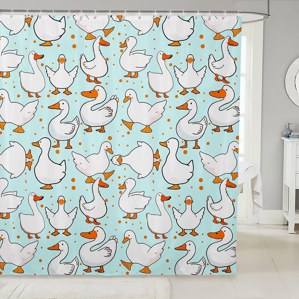 Homewish Cartoon Goose Shower Curtains,Lovely Duck Funny Sketch Blue Bath Curtain,Cute Farmhouse Livestock Animal Waterproof Fabric Curtain with Hooks Bathroom Decor, 72Wx72L inch