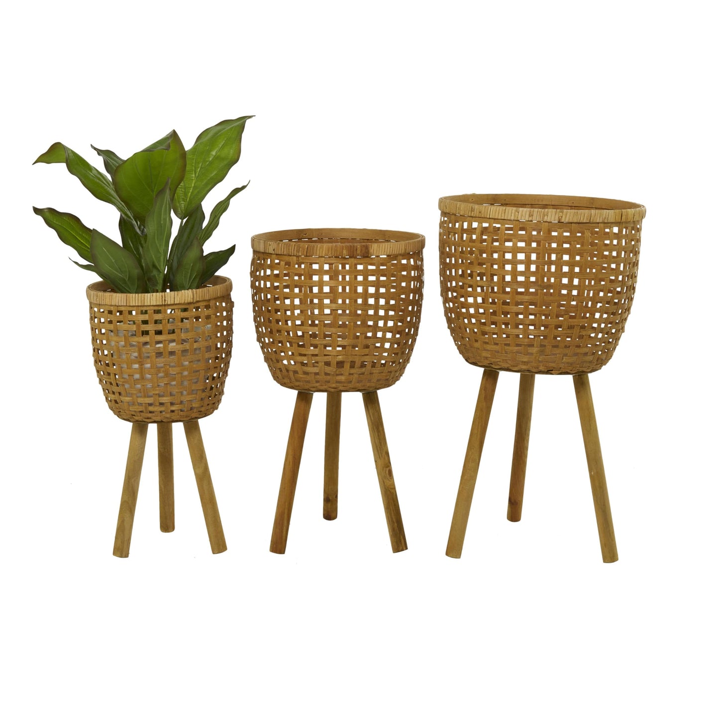 Deco 79 Bamboo Wood Handmade Indoor Planter Woven Basket Large Planter Pot with Wooden Tripod Legs, Set of 3 Planters 26", 23", 20"H, Brown