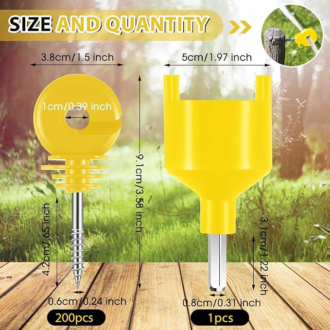 Sweetude 200 Pcs Electric Fence Insulator with 1 Pcs Insulator Socket Tool Screw in Ring Post Wood Post Electric Fence Ring with Socket Tool for Animal (Yellow)