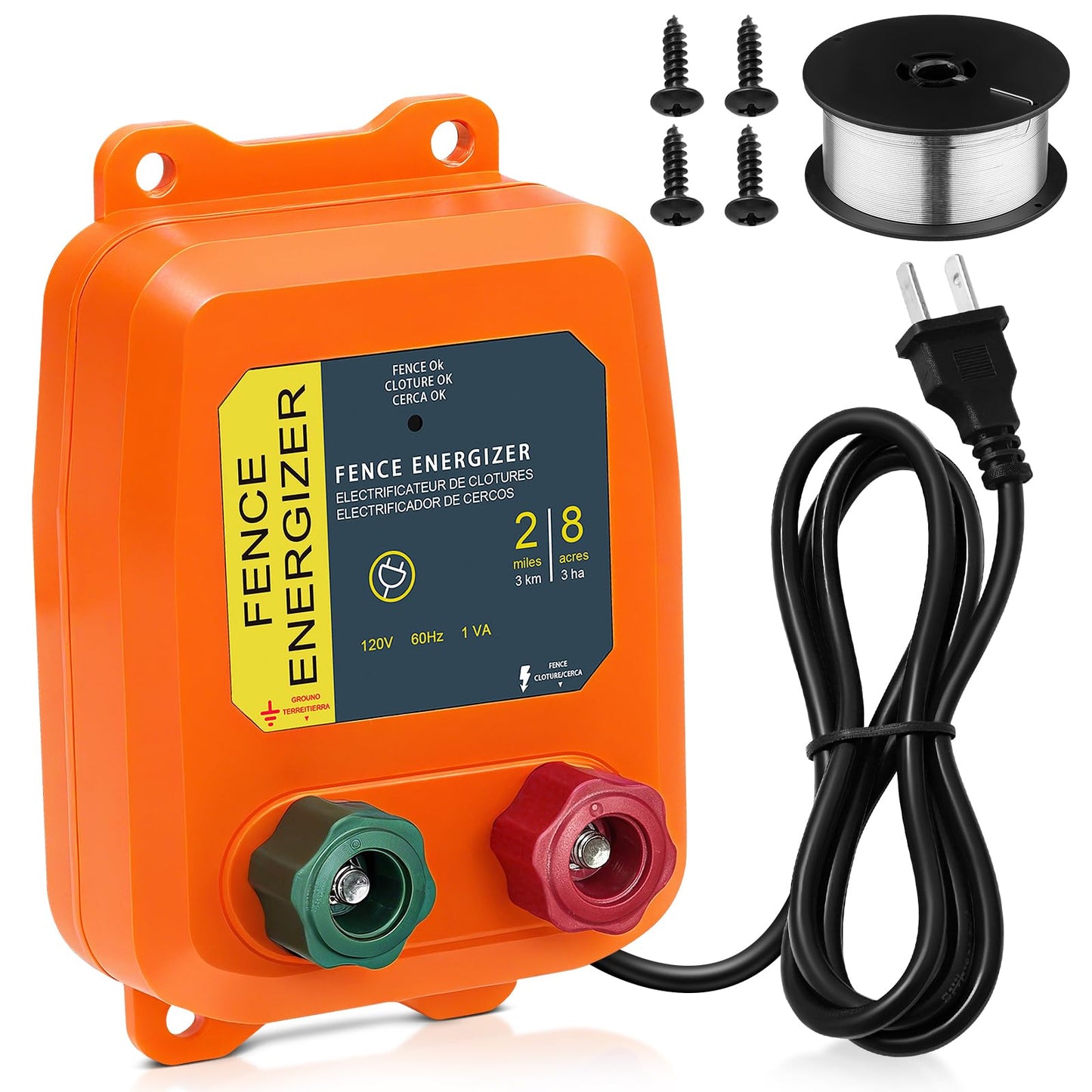 PE2 Electric Fence Energizer Plus 250 Feet Electric Fence Kit 0.10 Joule Livestock Fence Chargers for Accommodating Pets Livestock and Preventing Wildlife Invasion (Aluminum Wire)