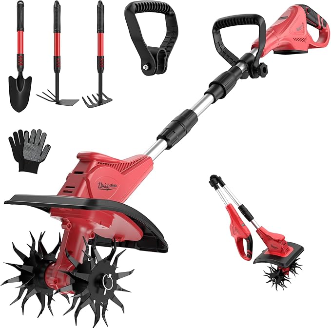 Cordless Electric Garden Tiller Cultivator Compatible with Milwaukee 18V Battery(Tool Only), Folding Electric Rototiller Features 40 Steel Tines 310RPM, Red
