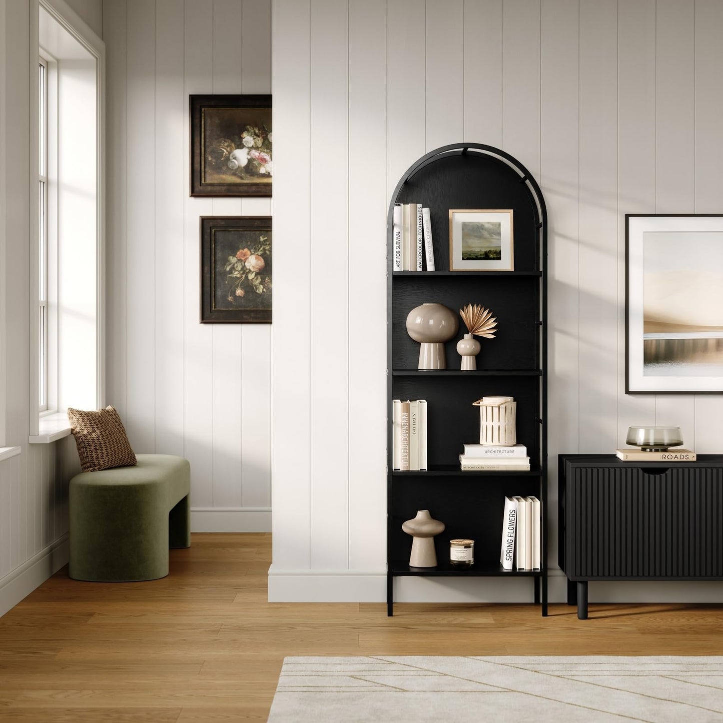Stead 4-Tier Arched Wood Book Shelf - Black Metal Frame, Wood Panel Backing - Arched Bookcase with Backing, Narrow Black Bookshelf with Grain-Texture Laminate & 25 lb Shelf Capacity