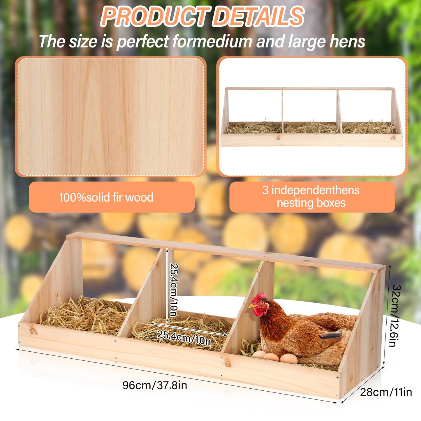 Nosiny Triple Nesting Boxes Wood Chicken Nesting Box 3 Compartment Room Hen Chicken Laying Boxes Versatile Use Easy Assemble for Duck Poultry, 37.4 x 12.8 x 11.2 Inch, Brown
