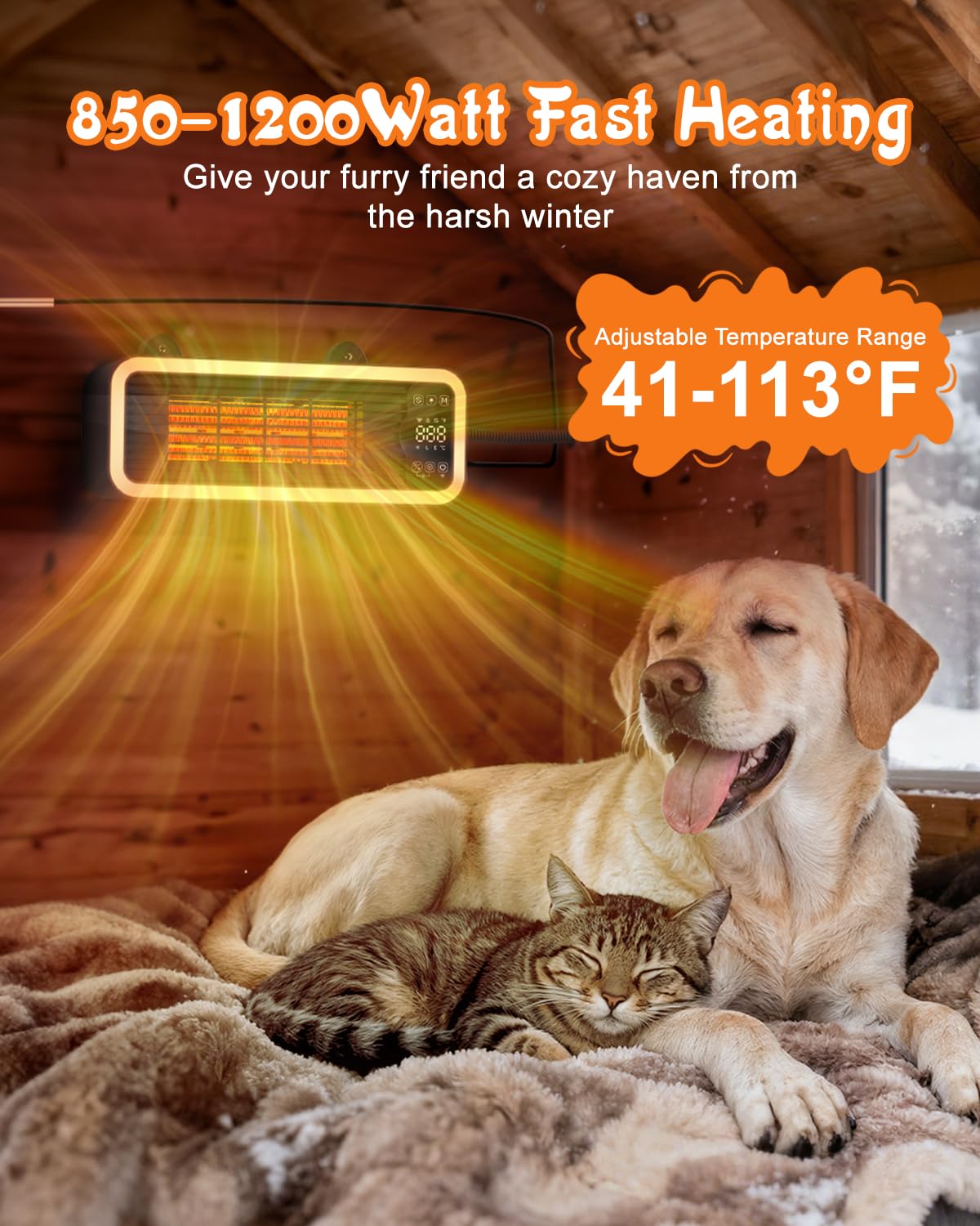 1200W Dog House Heater with Thermostat WIFI Control, Dog Heaters for Outside Doghouse Chicken Coop, Greenhouse, Outdoor Pet Heater with 6.6FT External Temperature Probe and Anti-chew Cable