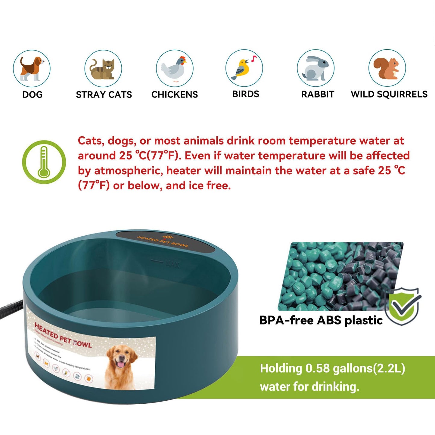 Enjoying Heated Pet Bowl for Cat Outdoor, 2.2 L, Ice Free, Heated Water Bowl for Dogs Chickens Rabbits Birds, Intellectual Temperature Control Thermal Bowl, Green