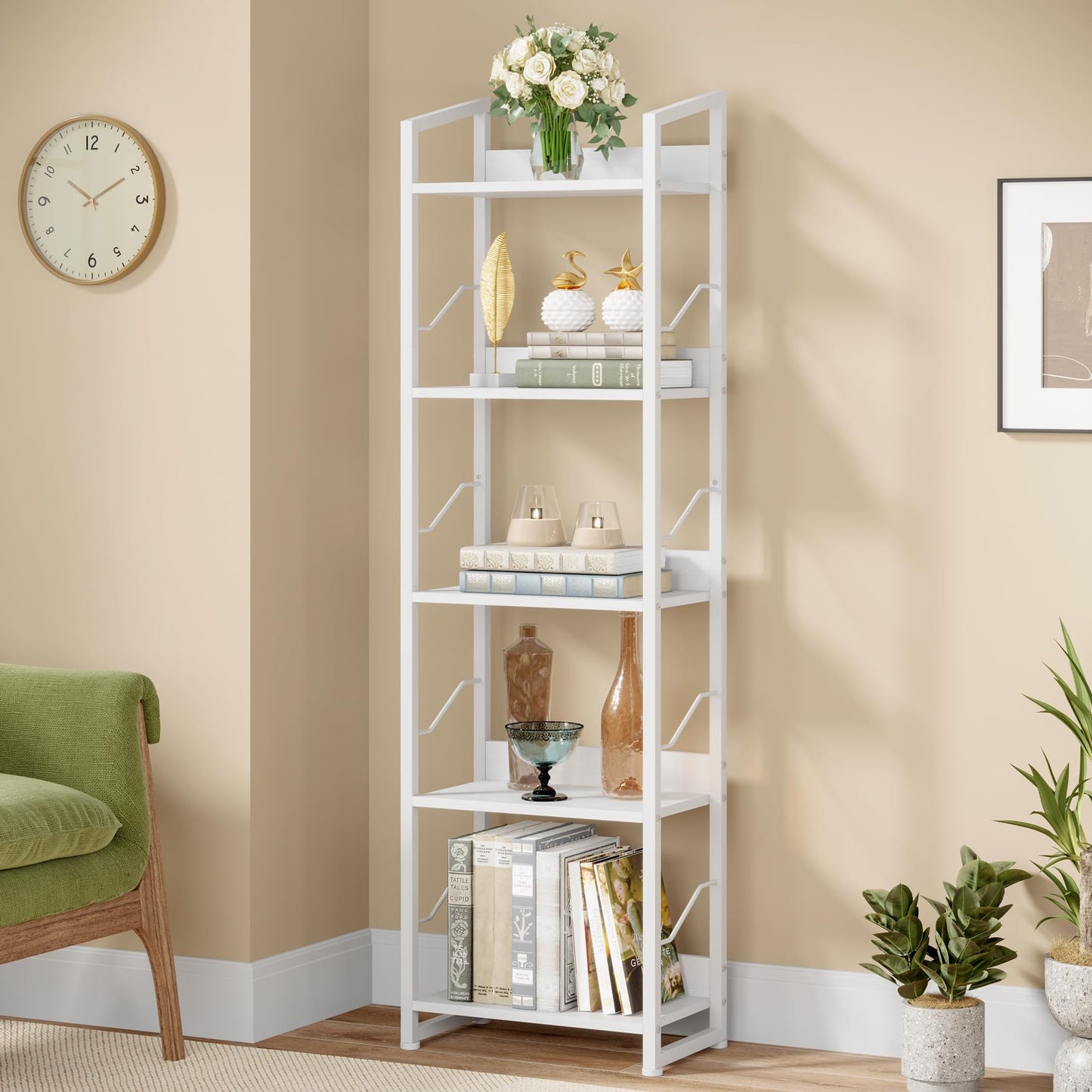Hosfais Book Shelf Small Bookshelf: 5 Tier Wood Bookcase Industrial Bookshelf with Edge Protection Metal Narrow Bookcase Storage Organizer Display Rack for Bedroom Home Office, White