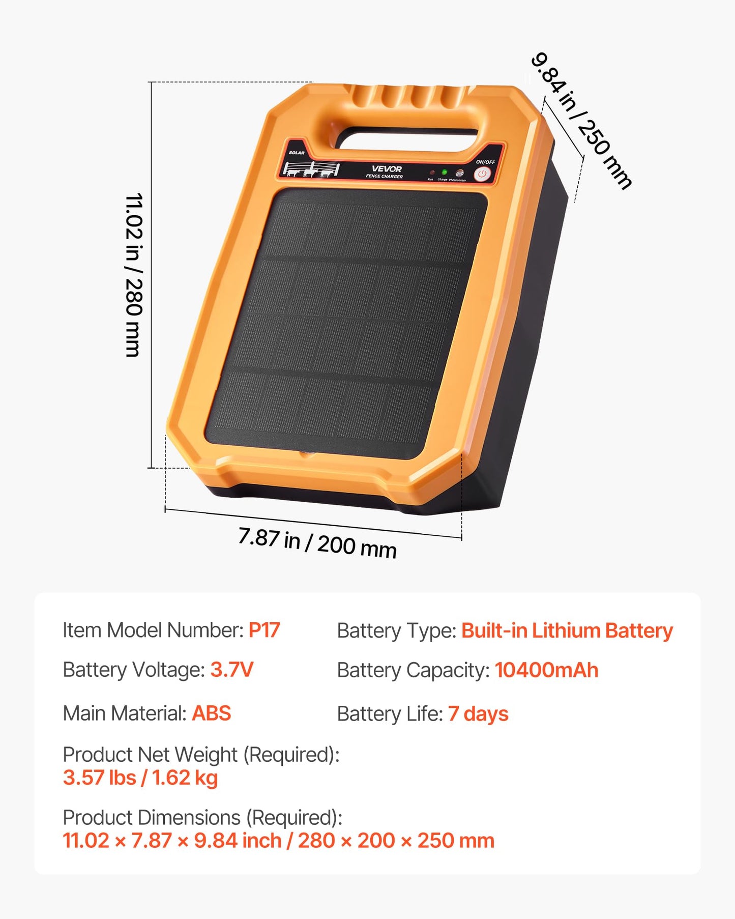 VEVOR Solar Fence Charger, 0.3J 8 kV Solar Powered Fence Charger, Weather-Resistant Electric Fence Energizer Kit, 7 Days Runtime, for Livestock, Poultry, Garden Protection