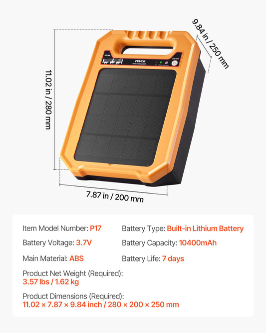 VEVOR Solar Fence Charger, 0.3J 8 kV Solar Powered Fence Charger, Weather-Resistant Electric Fence Energizer Kit, 7 Days Runtime, for Livestock, Poultry, Garden Protection