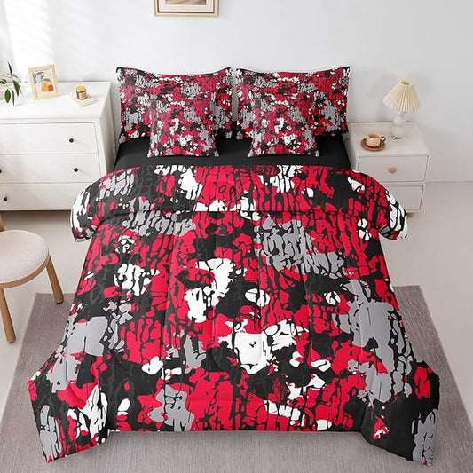 jejeloiu Red Camouflage Comforter Set with Sheets Full Size Kids Camo Bed in a Bag for Boys Girls Teens Military Style Disruptive Pattern Tree Branches Botanical 7 Pieces Bedding Set Soft Room Decor