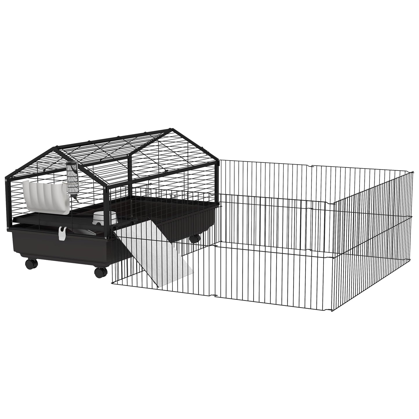 PawHut Small Animal Cage with Foldable Run Area, Rolling Bunny Cage, Guinea Pig Cage with Water Bottle, Water Bowl, and Ramps, 46.5"