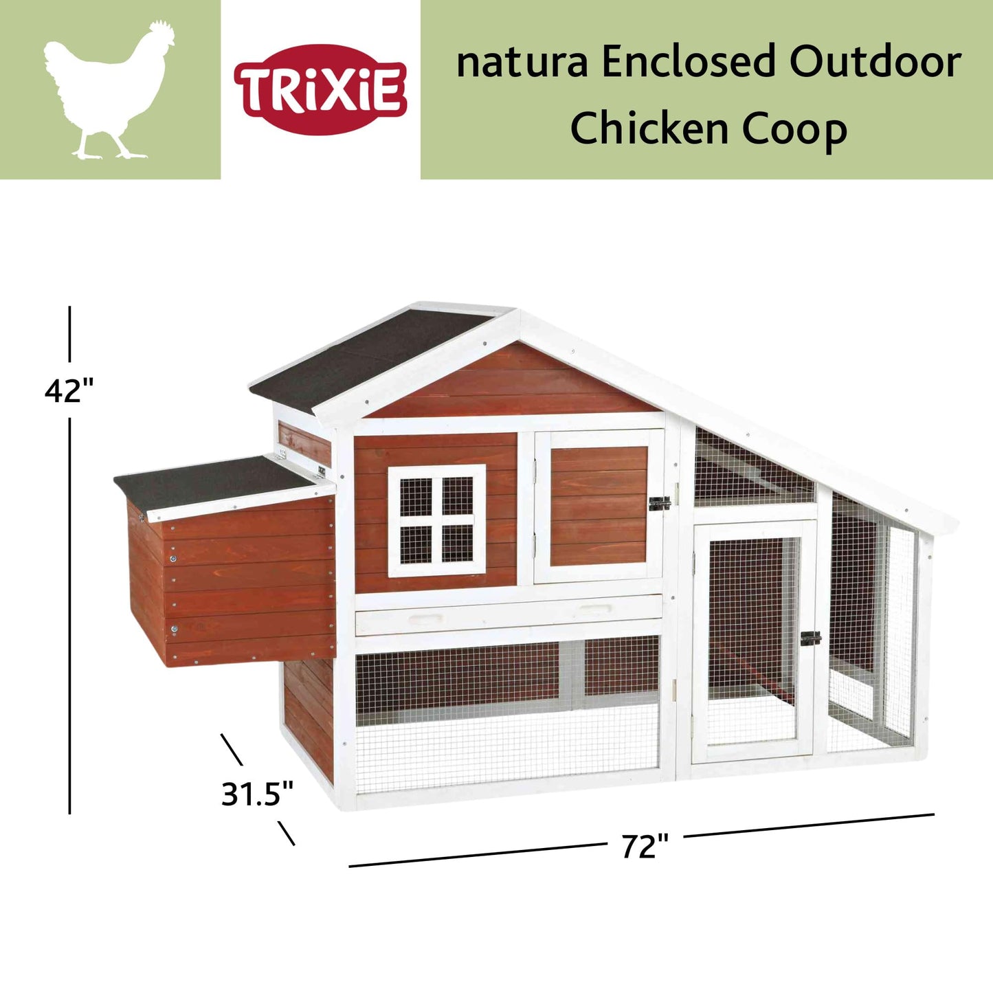 TRIXIE Natura Chicken Coop with Outdoor Run – Outdoor Hen House with Two Nesting Boxes – Easy to Clean Chicken Pen, Pull-Out Plastic Tub Included – in Brown