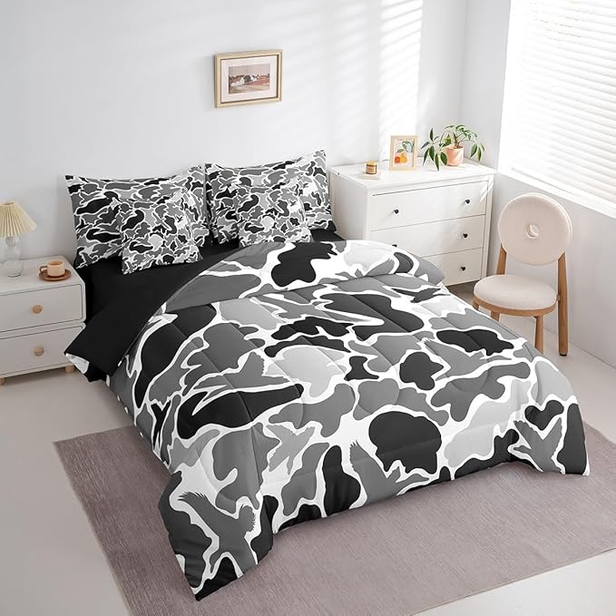 Feelyou Duck Hunter Grey Camouflage Hunting 7 Pieces Bedding Set, Queen Size Black Brown All Season,Bed in a Bag with Comforter, Sheets, Pillowcases Camo Army Bed Set Breathable Wild Room Decor
