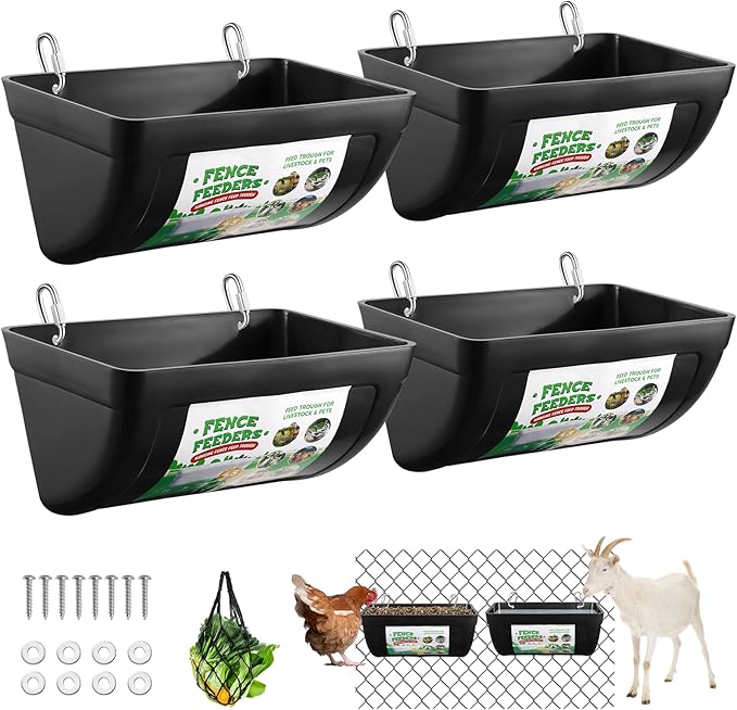 4 Pack Goat Feeders Hanging, Chicken Feeder, with Clips Hanging Fence Feeders, 4.5 Quart Feed Buckets for Horses, Duck Feeder, Chicken Water Feeder, Poultry Feeding Trough
