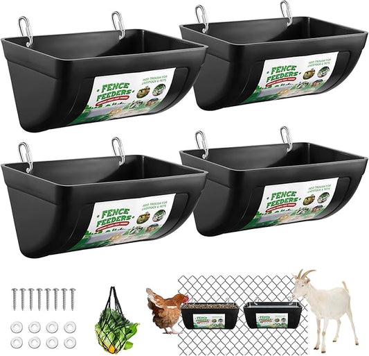4 Pack Goat Feeders Hanging, Chicken Feeder, with Clips Hanging Fence Feeders, 4.5 Quart Feed Buckets for Horses, Duck Feeder, Chicken Water Feeder, Poultry Feeding Trough