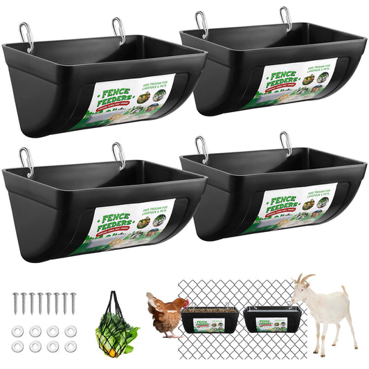 Chewoof 4 Pack Goat Feeders Hanging, Chicken Feeder, with Clips Hanging Fence Feeders, 4.5 Quart Feed Buckets for Horses, Duck Feeder, Chicken Water Feeder, Poultry Feeding Trough
