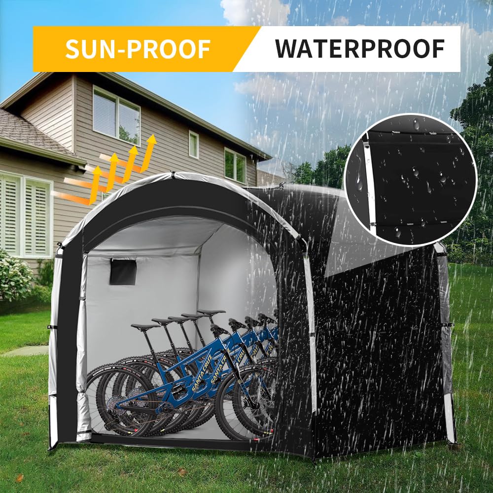 Outdoor Bike Covers Storage Shed Tent,210D Oxford Waterproof Tent for 2-5 Bikes,Outdoor Sheds Shelter for Bicycles,Motorcycle, Garden Tools, Stoves (Cabin - XXL for 4-5 Bikes-Black)