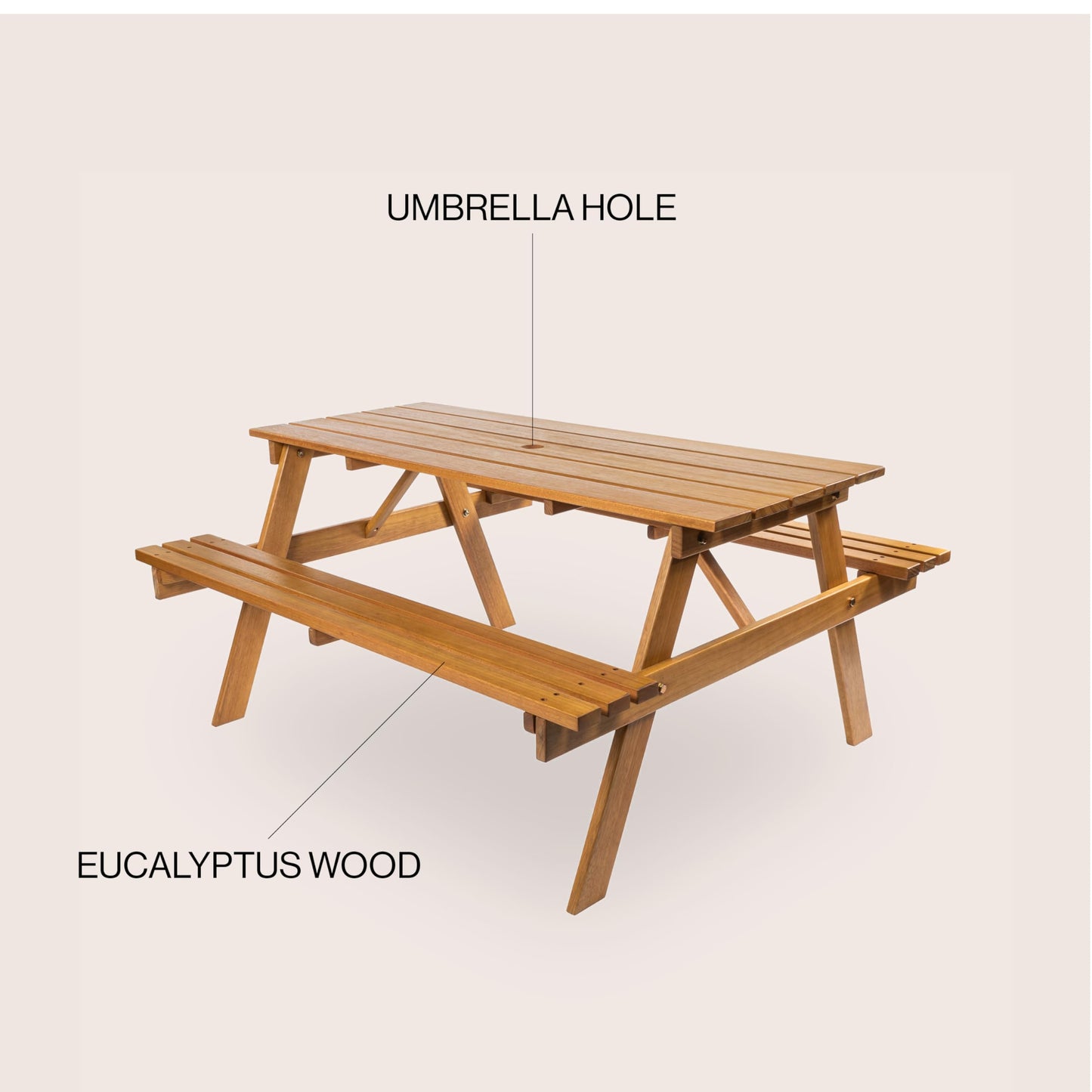 JONATHAN Y BNH200A Shoreham 59" Modern Classic Outdoor Wood Picnic Table Benches with Umbrella Hole Traditional, Coastal, Mid-Century, Vintage, Farmhouse, Teak Brown
