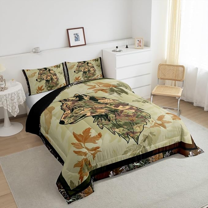 Wolf Bedding Set Twin For Boys Woodland Camo Hunting Comforter Set Army Green Tree Branches Camouflage Wild Animal Quilt Comforter For Adults Men,Botanical Leaves Rustic Duvet 1 Pillow Case