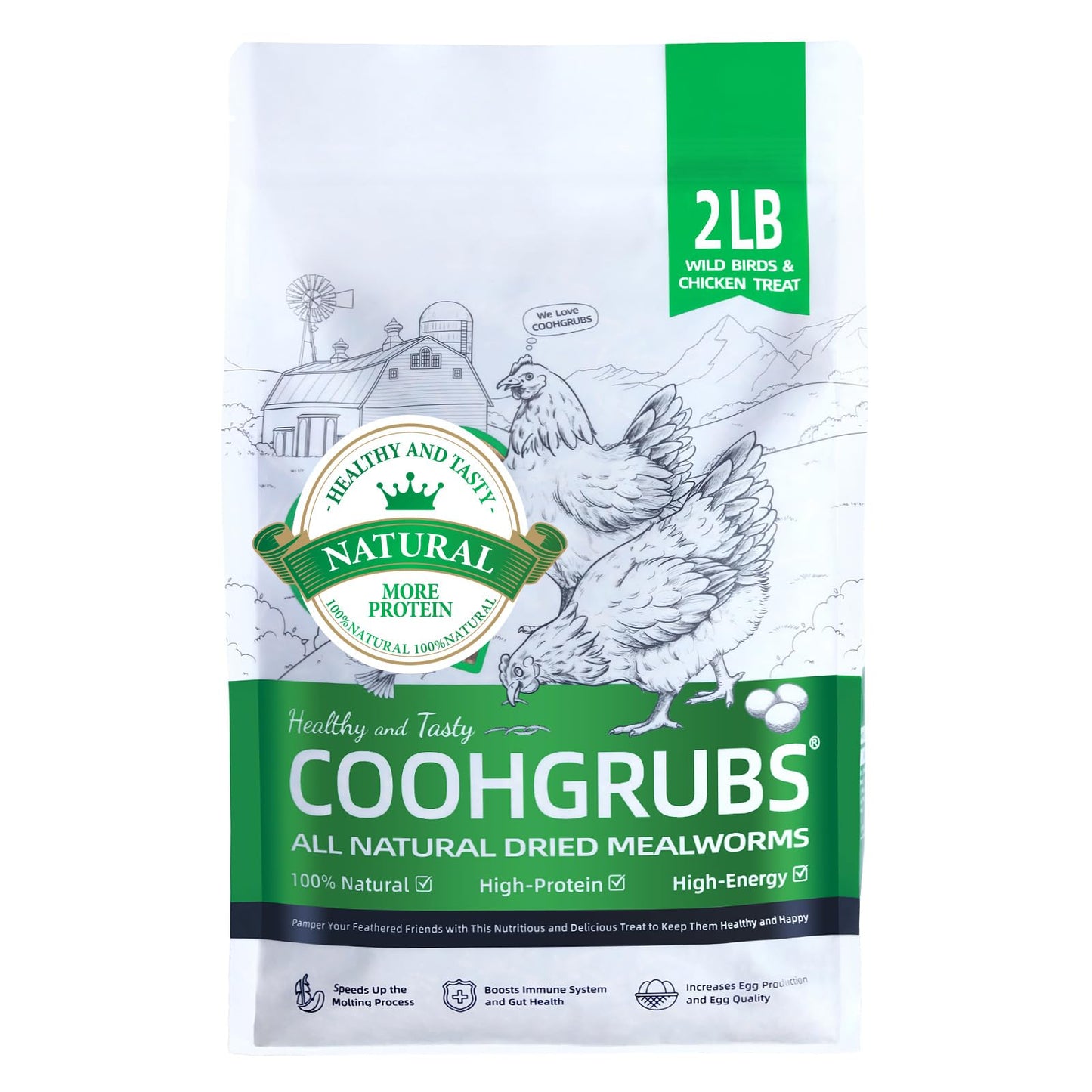 COOHGRUBS Dried Mealworms for Birds, Non-GMO High Protein Chicken Treats & Poultry Feed, 2 lb Bag