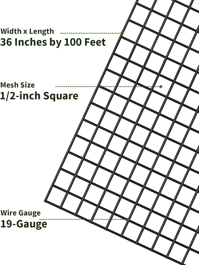 Black Hardware Cloth 1/2 inch 36 x 100 Ft 19 Gauge, Coated Wire Mesh Roll, Chicken Wire Fence, Chicken Wire Mesh, Garden Fencing, Tree Guard, Chicken Coop/Run Cover, Hardware Mesh