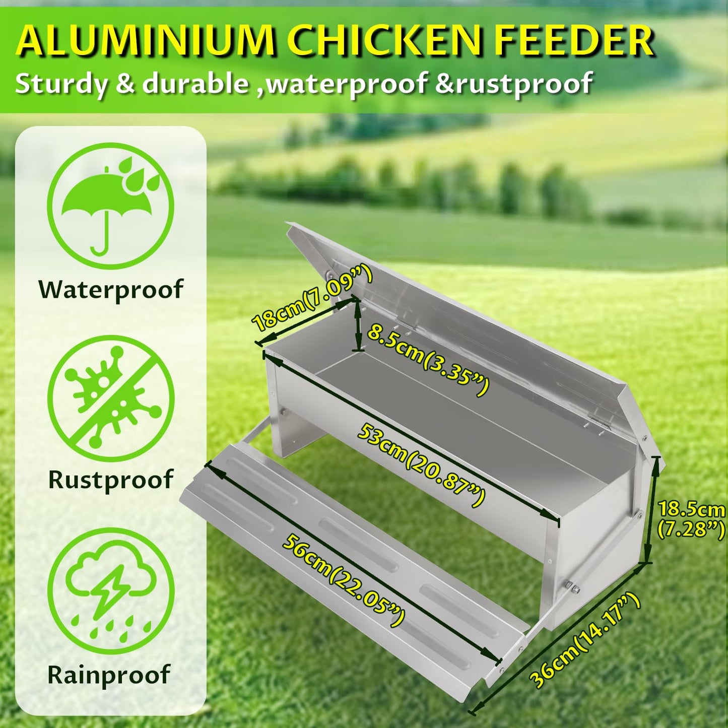 Automatic Chicken Feeder Treadle, Large Poultry Feeders No Waste Stainless Steel Rat Proof, Chicken Feeder Trough with Weatherproof Lid Treadle Self-Opening for Duck Fowl