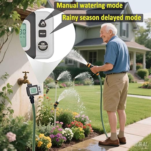 Drip Irrigation Kit Automatic Watering System with Water Timer 64FT 1/4 Tubing and 12 Rain Spray Watering Nozzles in 4 Directions for Potted Plants Yard Lawn Juvenile Plants Greenhouse Mist