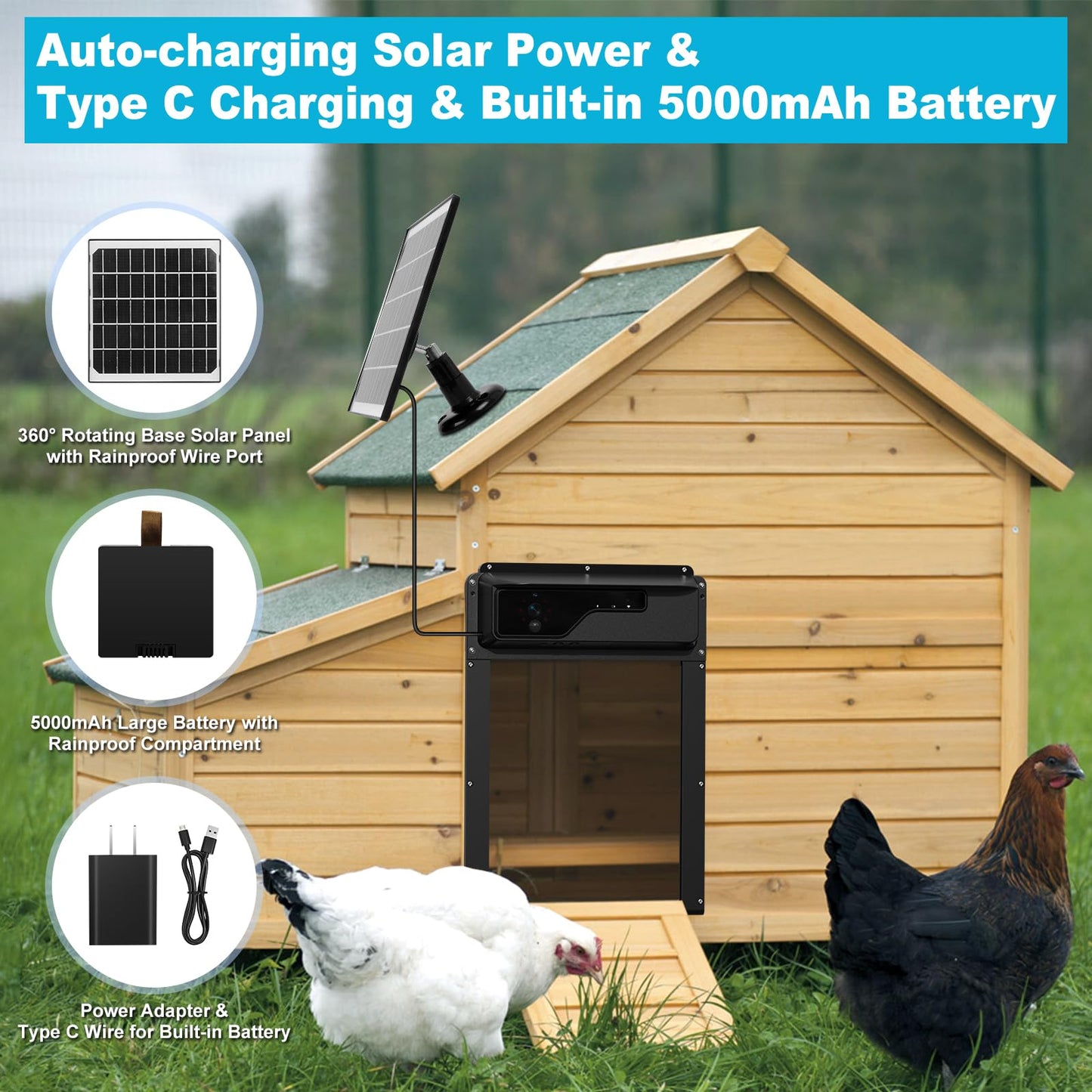 Automatic Chicken Coop Door WiFi with Talkback Function, HD Camera, Solar Powered, APP-Based Monitoring, Remote Control and Timer, with Anti-Trap Sensor and Alarm Drive, Solar Chicken Door