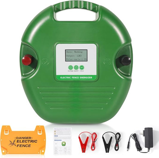 Electric Fence Charger for Livestock – 15-Joule Electric Fence Energizer， Adjustable 8/10/12kV Output, Weatherproof Fence Charger, Covers 25 Miles/600 Acres