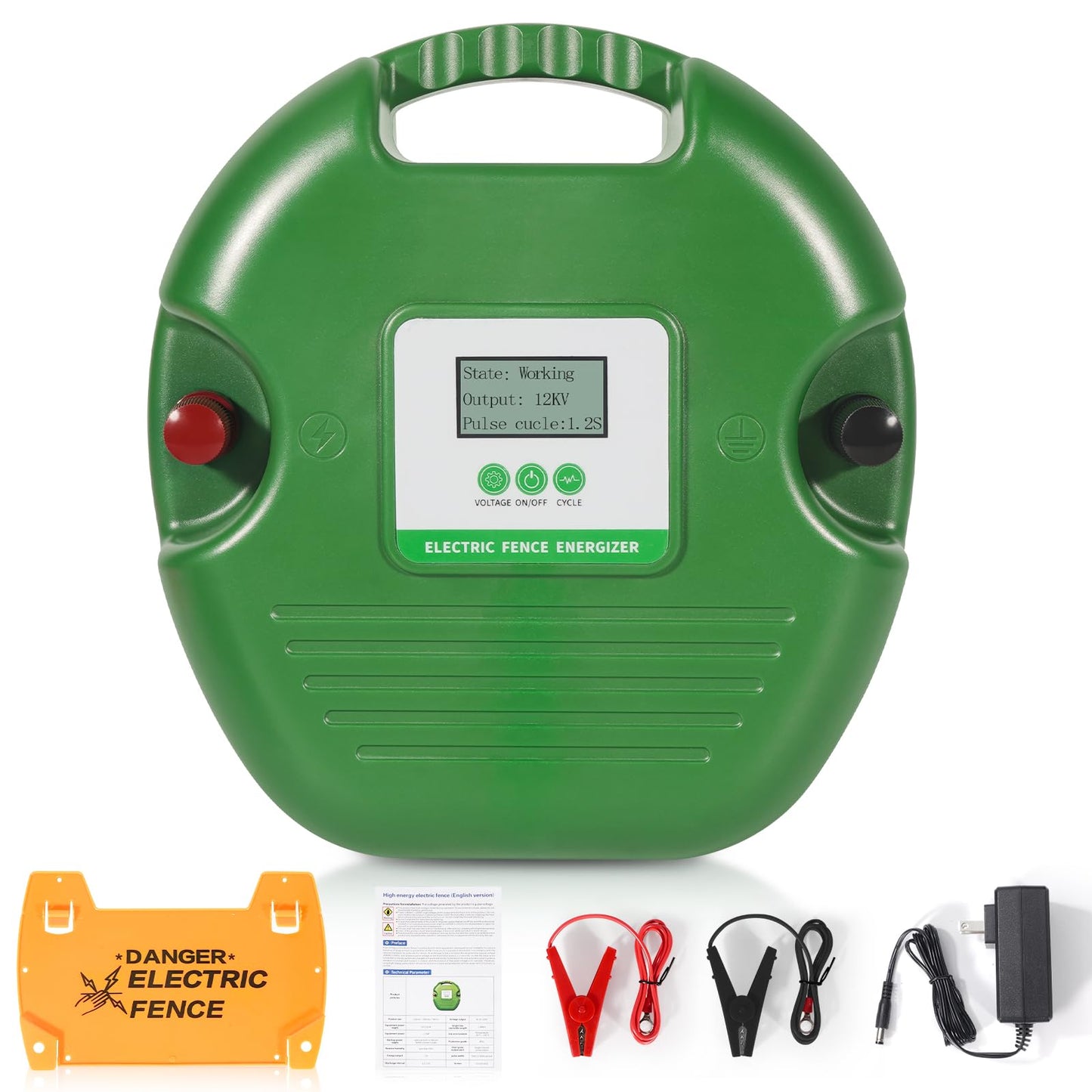 Electric Fence Charger for Livestock – 15-Joule Electric Fence Energizer， Adjustable 8/10/12kV Output, Weatherproof Fence Charger, Covers 25 Miles/600 Acres