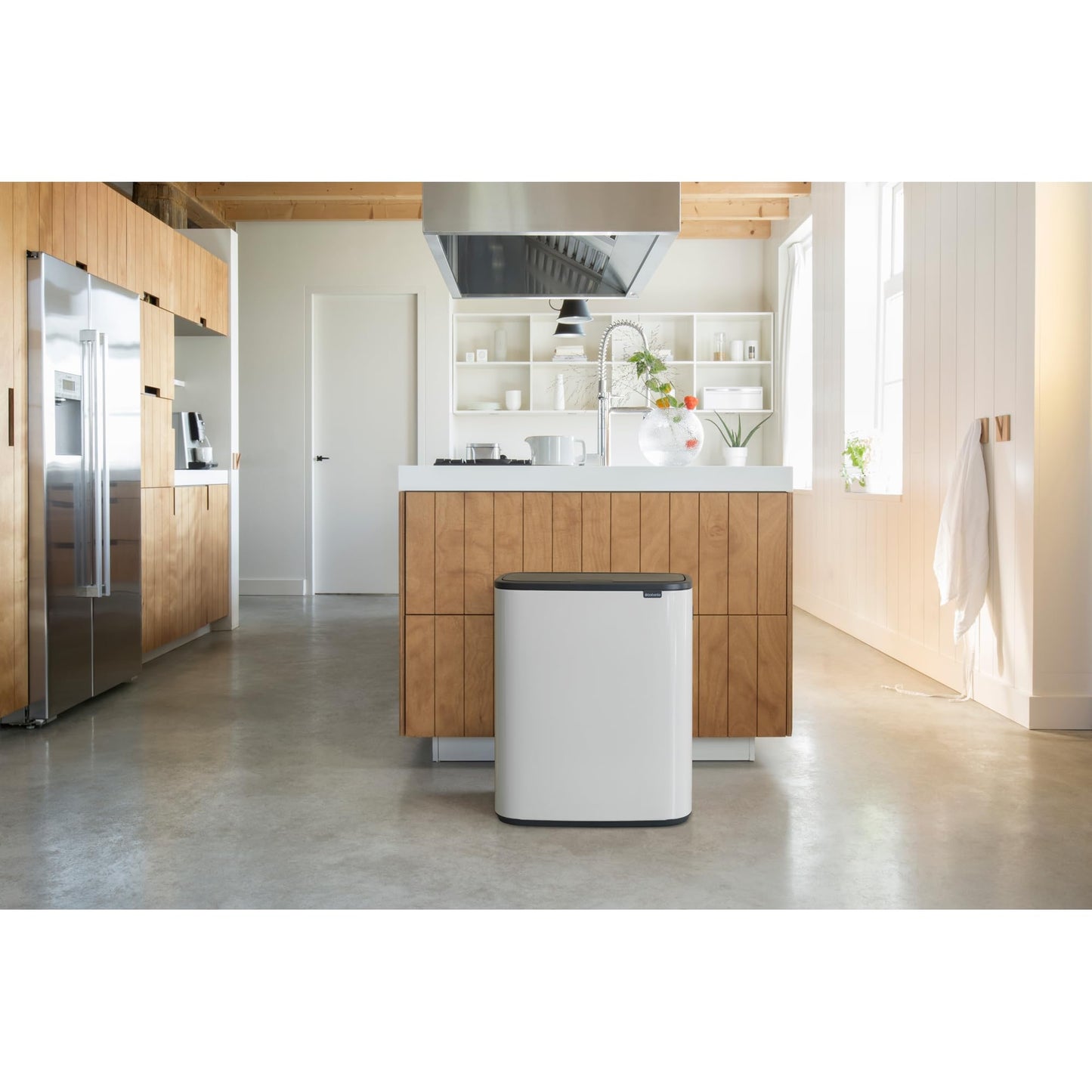 Brabantia Bo Touch Top Trash Can - 1 x 16 Gal Bucket (White) Soft Open/Close Kitchen Garbage & Recycling Can with Removable Compartment