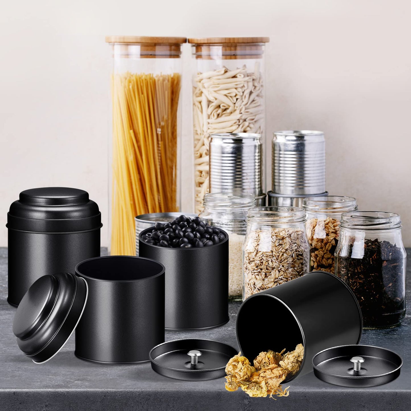 Meanplan 12 Pcs Tea Tin Canister with Airtight Double Lids 8 oz Round Tin Can Box Small Kitchen Tea Canister Loose Leaf Storage Containers for Loose Bags Coffee Sugar Candy Spices(Black)