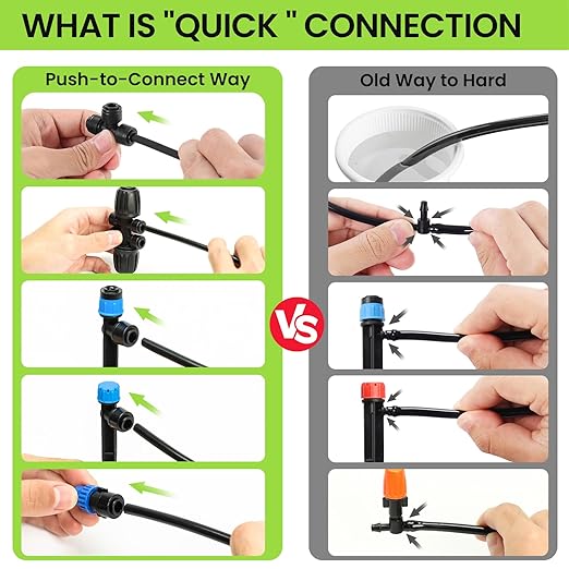 Bonviee 247FT Drip Irrigation System, Automatic Garden Watering System Kit with 50FT 5/16” & 1/4” Drip Tubing, Quick-to-Connect Fittings, Adjustable Drip Emitters for Raised Beds, Greenhouse, Lawn