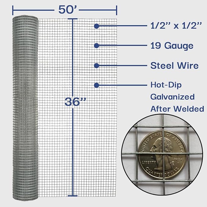 Hardware Cloth 1/2 in. x 3 ft. x 50 ft. 19-Gauge, Galvanized Wire Mesh Roll, Chicken Wire Fencing, Welded Wire Fence Roll, Gopher Mesh, Rodent Wire, Chicken Coop/Run Wire, Rat Wire Mesh