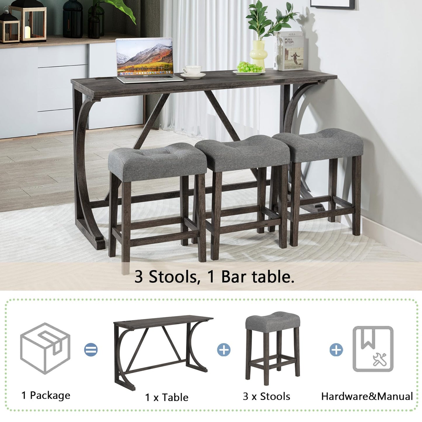 Ball & Cast 4 Piece Counter Height Bar Tables Stool Set, Farmhouse Wooden Kitchen Island-Table w/USB Ports & Power Outlet & 3pcs Padded Stools,59" Dining-Table with Chairs,Charging Station, Dark Gray