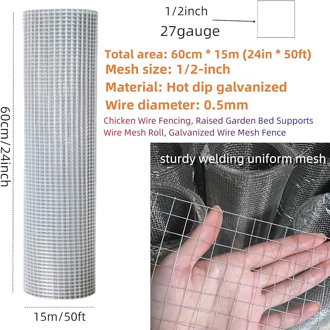 1/2 Inch Hardware Cloth Metal Wire Mesh Fence Roll, 19 Gauge 23.6in x 49.2ft (60x1500CM) Hot Dipped Galvanized Chicken Coop Welded Mesh Fence for Poultry Netting Garden Protection