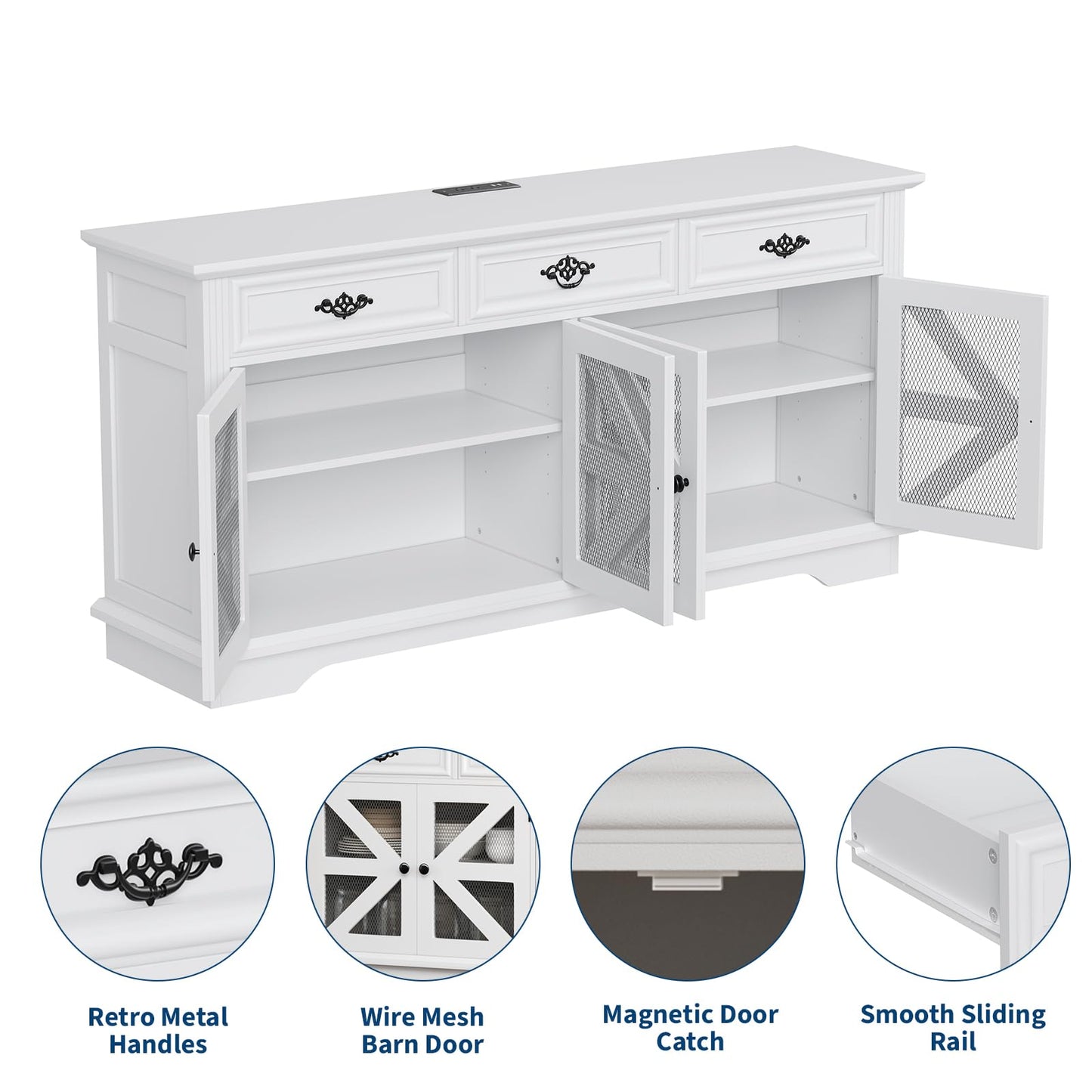 63" Farmhouse Buffet Cabinet with Storage, Sideboard Cabinet with Adjustable Shelves, Charging Station, 3 Drawers & 4 Mesh Barn Doors, Large Coffee Bar Accent Credenza for Dining Living Room- White
