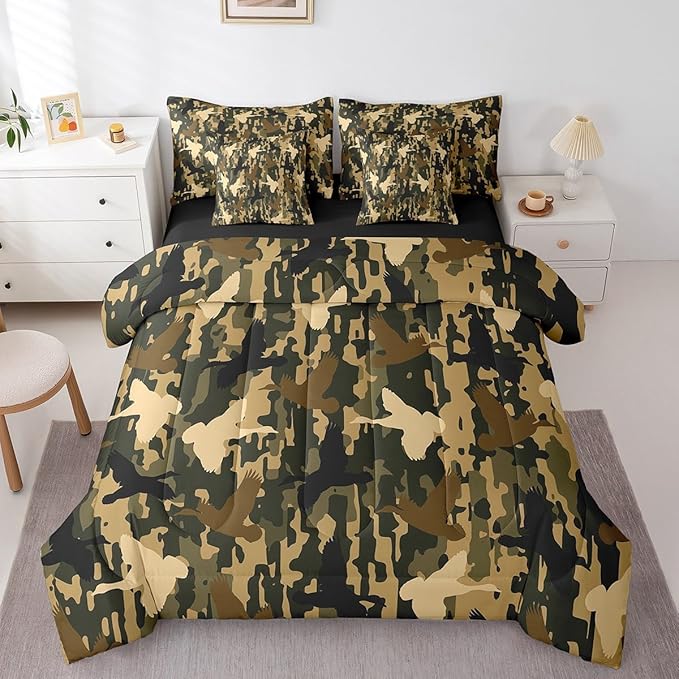 Feelyou Camouflage Print Bed Set Boys Girls Twin Size Camo 7 Pieces Bedding Set for Kids Women Men Military Duck Hunter Bed Set Includes Comforter, Sheet Set, Pillowcases Army Camo Room Decor