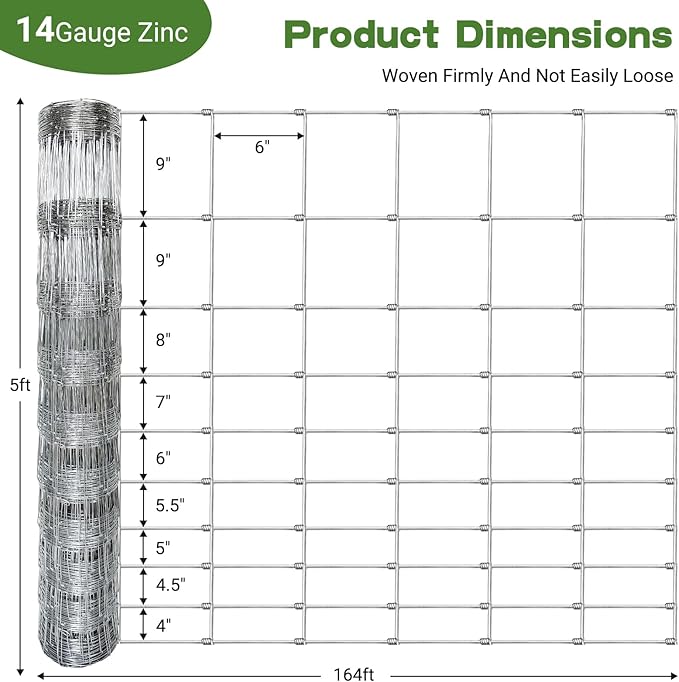 5ft x 164ft Galvanized Farm Fence, Cattle Fence, Hog Wire Fence Panels, Wire Fence Rolls, Heavy Duty Wire Mesh for Deer, Pig, Sheep Enclosure for Yard, Garden, Field Use-14 Gauge