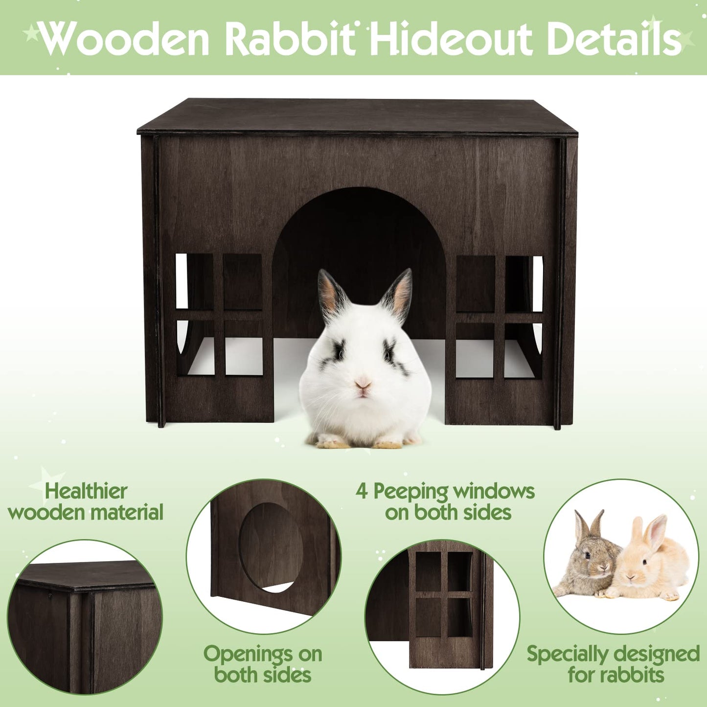 Large Rabbit Hideout, Rabbit Houses and Hideouts, Wooden Bunny House and Hideouts, Bunny Castle with Multiple Windows, Chinchilla and Guinea Pigs Hut Hideout
