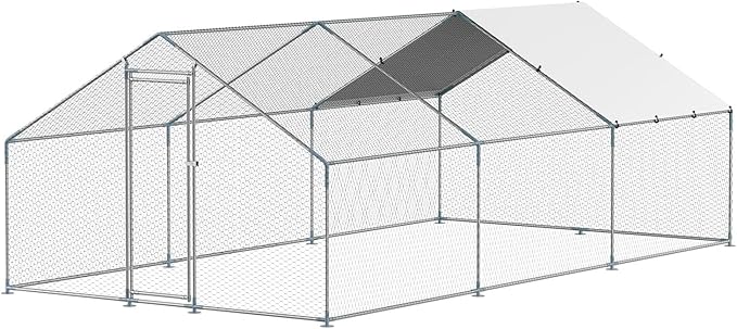 VEVOR Large Metal Chicken Coop, 19.7x9.8x6.5ft Walk-in Chicken Runs for Yard with Cover, Spire Roof Hen House with Security Lock for Outdoor and Backyard, Farm, Duck Rabbit Cage Poultry Pen