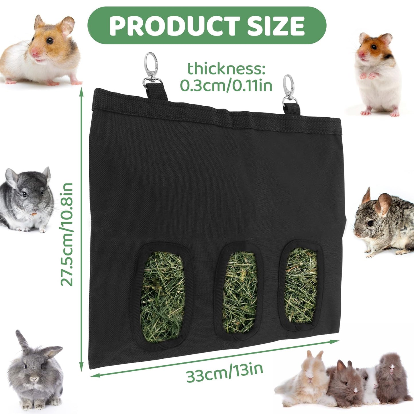 LDXDRU 4Pcs Rabbit Hay Feeder Bag, 3 Hole Hay Bag for Rabbits, Guinea Pig Hay Feeder, Small Animal Hanging Hay Bag for Rabbits Bunny Chinchillas Hamsters and Other Small Pets (Black)