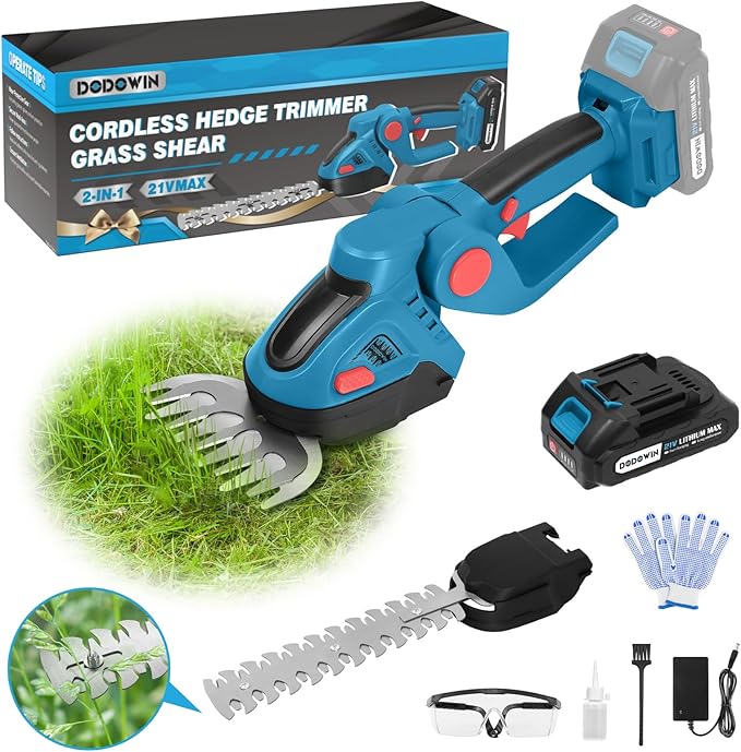 DODOWIN Hedge Trimmer Cordless, 2 in 1 21V Handheld Electric Weed Shears and Bush Trimmer, with 1 Rechargeable Batteries 1 Charger, Garden Tools Gift for Men, Dad, Husband Christmas Stocking Stuffers