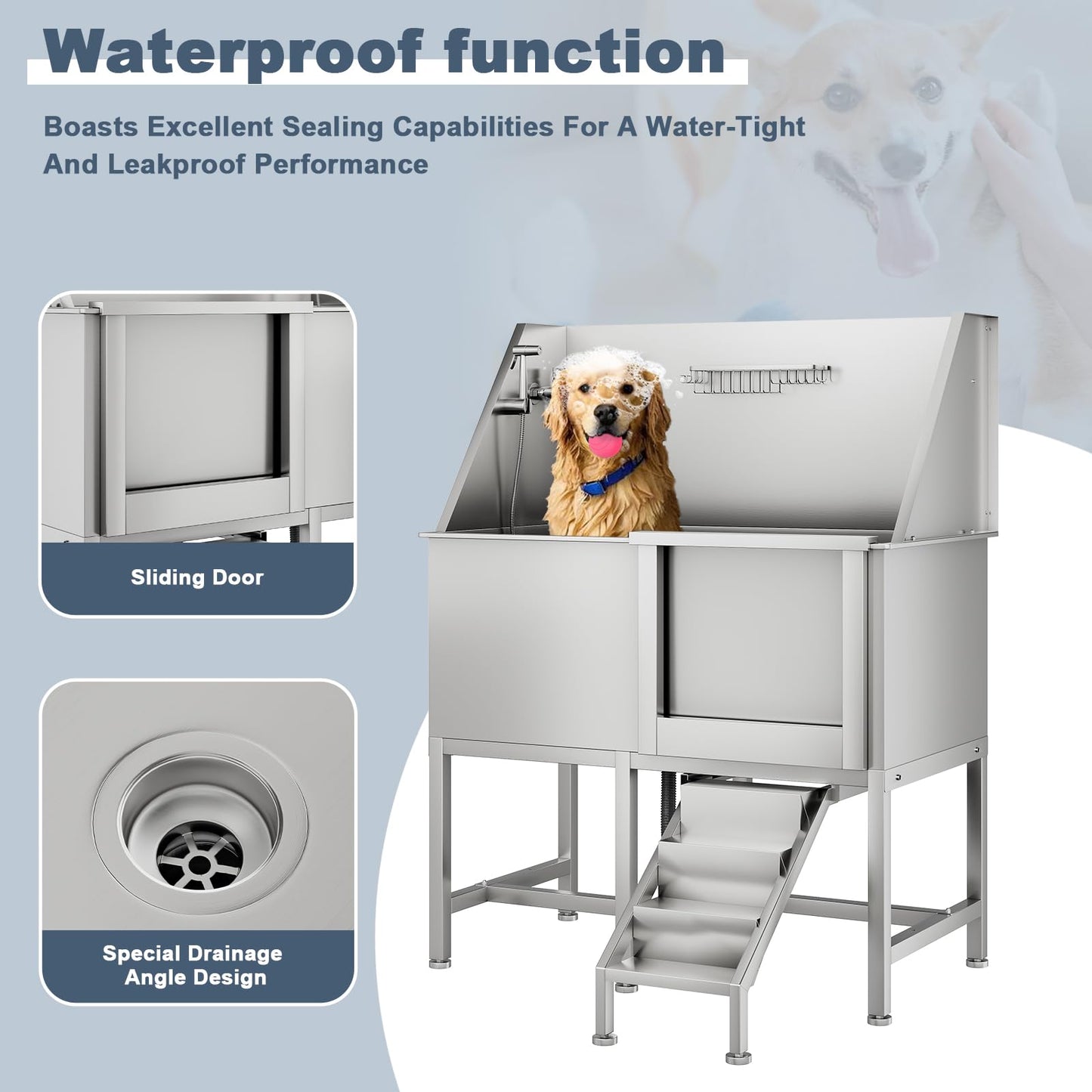 50" Stainless Steel Dog Grooming Tub, Large Dog Bathing Station with Non-Slip Retractable Ramp & Right Door, Heavy Duty Pet Washing Sink w/Non-Slip Floor Grate, Bath Brush, Washing Gloves