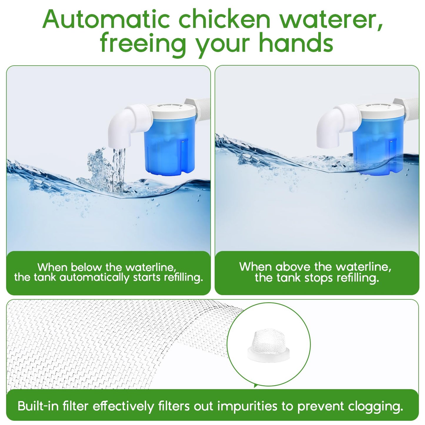 Automatic Chicken Waterer Filtered Float-Controlled Large Chicken Water Feeder Poultry Waterer Kit with Stainless Steel Metal Hose