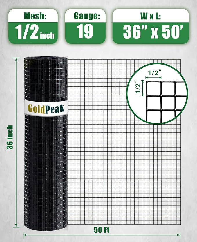 GoldPeak Black Hardware Cloth 1/2 inch 36in. x 50ft. 19 Gauge - Vinyl Coated Chicken Wire Mesh Roll Garden Fence Chicken Coop Wire Cage Wire Rabbit Wire Rodent Mesh Chicken Fence